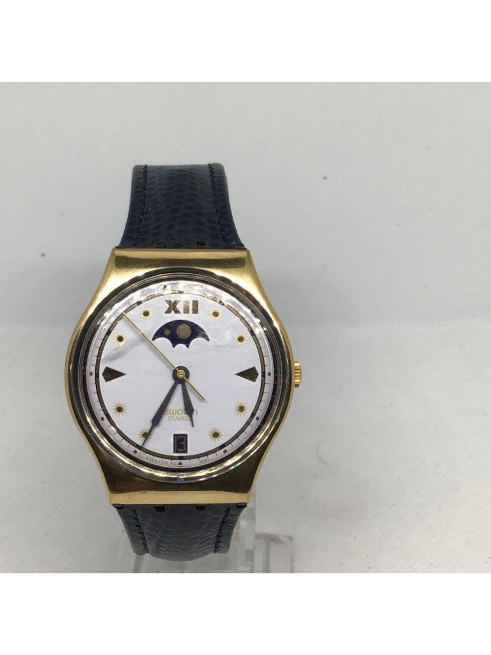 SWATCH Moon Phase 1991 Watch. Gold Plated Bezel GX709
